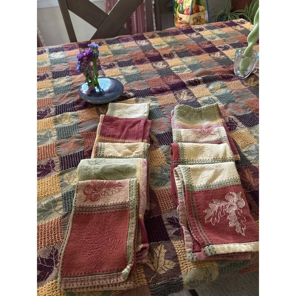 Autumn Leaf Patchwork Woven Jacquard Tablecloth 48x58 8 Napkins Set Earth Tones